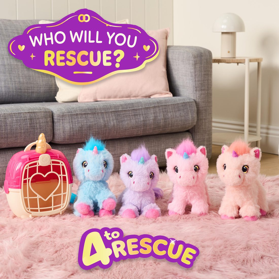 Four pastel ScruffaLuvs Unicorn Scruffs lined up beside their pink carrier with the words 4 to Rescue