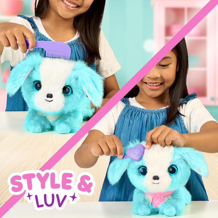 A girl combing and hugging a blue ScruffaLuvs puppy