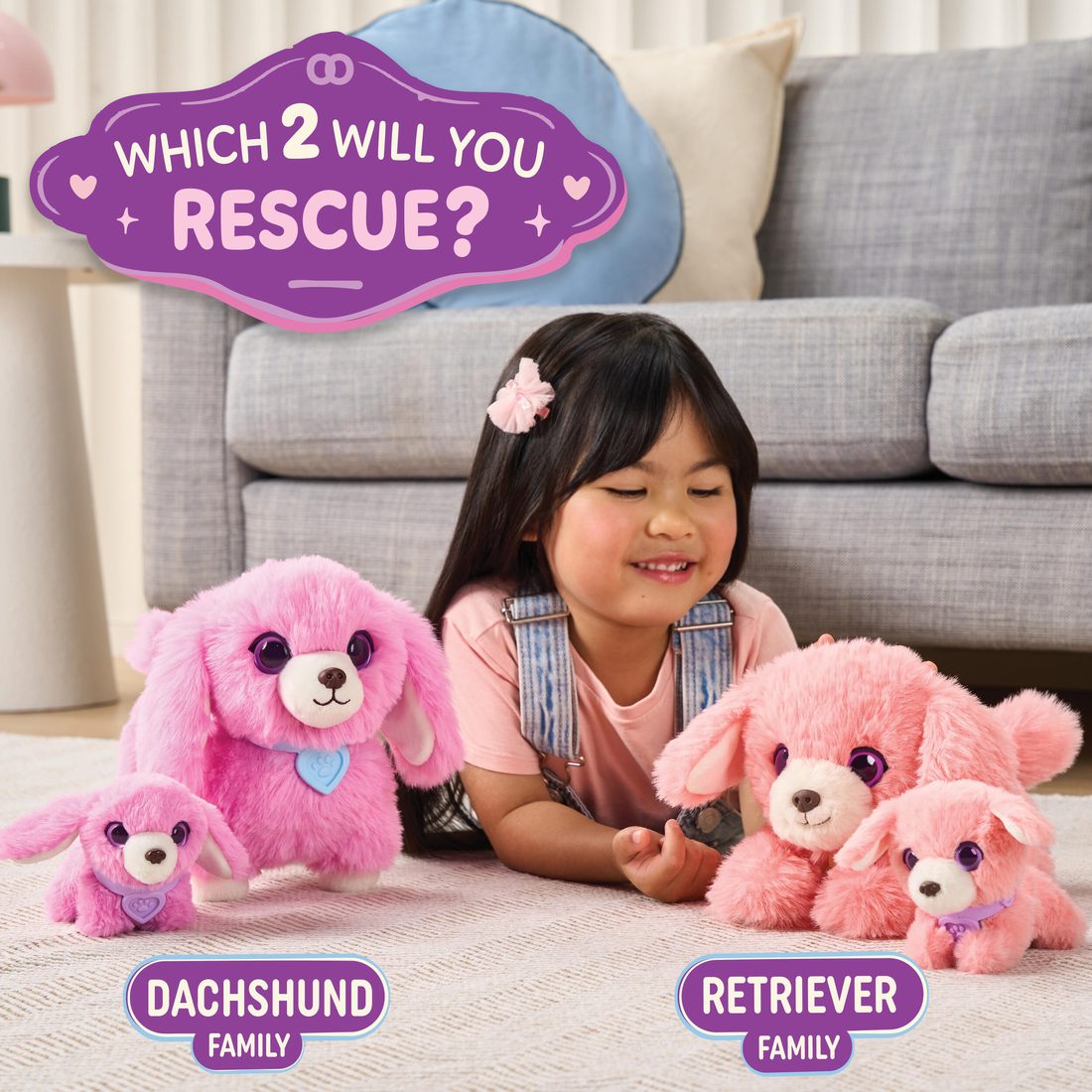 A girl lying on a rug beside pink and coral ScruffaLuvs Mom and Baby families under the words Which 2 Will You Rescue