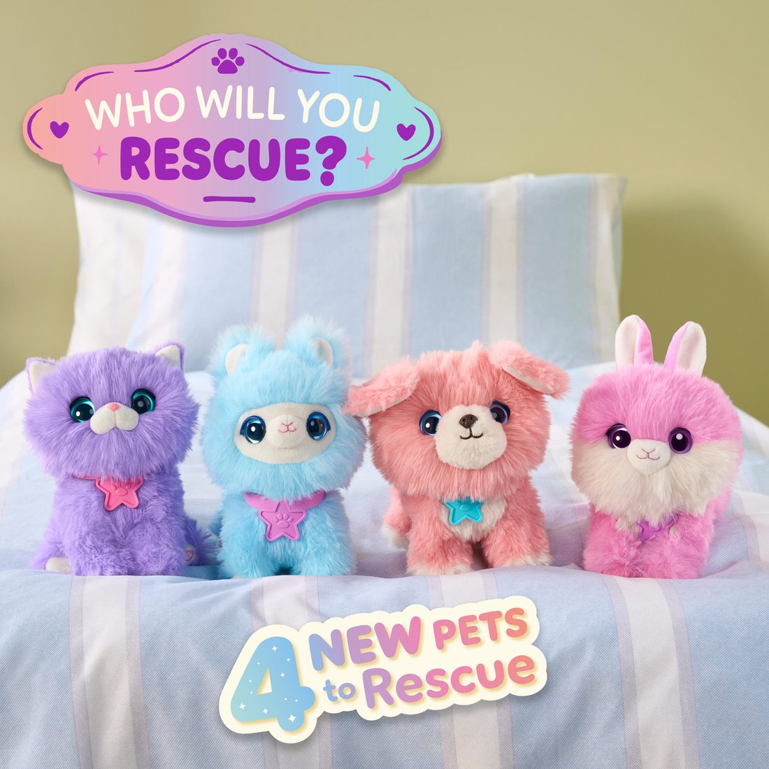 Four ScruffaLuvs Pet Scruffs sitting on a bed under a Who Will You Rescue sign